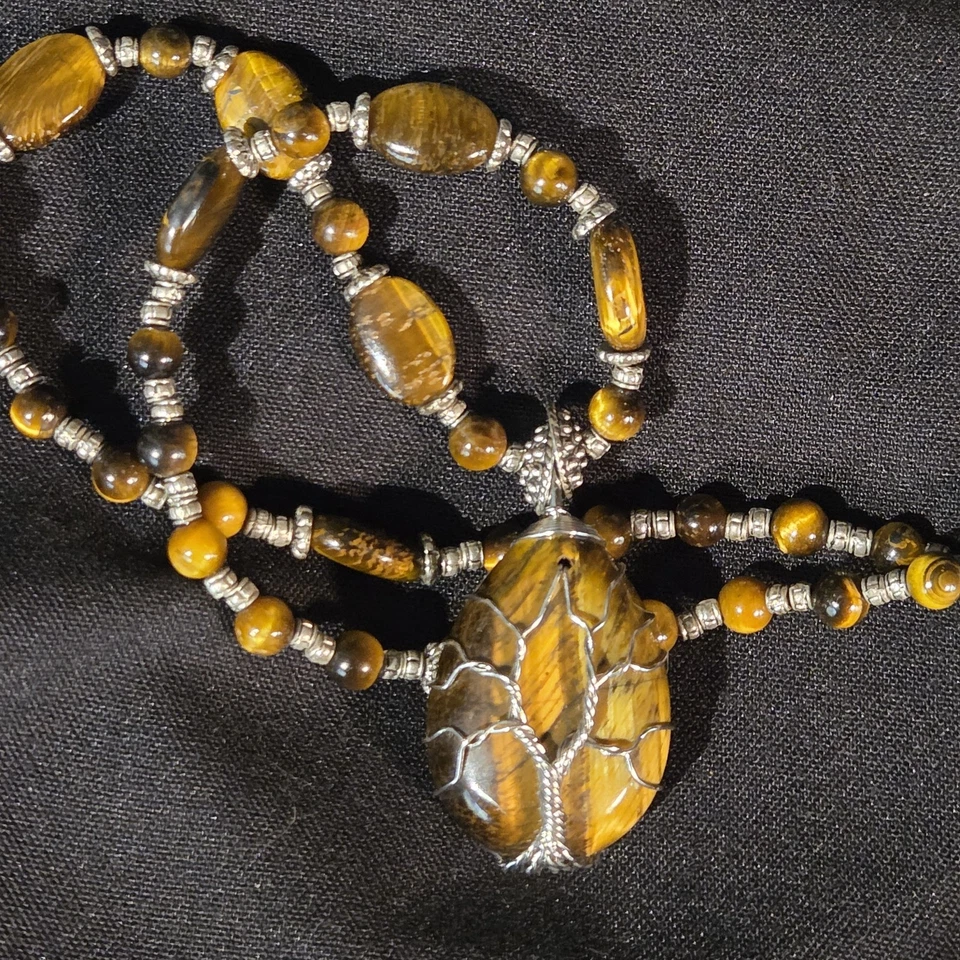 Collar colgante ojo de tigre árbol de la vida envoltura de alambre piedras de 18" a lo largo de la cadena Foto 1 de 4