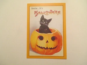 Halloween Postcard Cat Pumpkin Continental Sized Postcard #105 - Picture 1 of 2