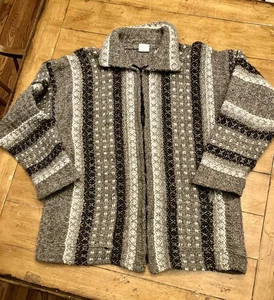 Pachamama Retro Streifen durchgehender Reißverschluss Herren Large grau Grobstrick Wollpullover The Dude - Bild 1 von 16