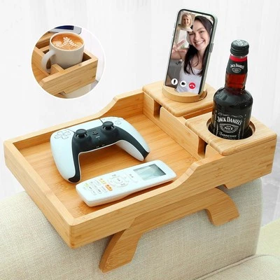 Folding Sofa Armrest Tray with 360°Rotating Phone Holder, for Eating & Drinks - Image 1 of 4