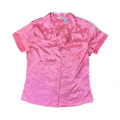 Camisa Pijama Vintage Adonna Rosa Blanco Lunares Satinado Top Cuello SS Para Mujer M Foto 1 de 4