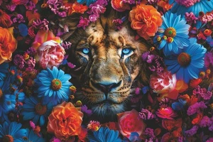 Wandbild LÖWE BLUMENKRANZ 60x90 cm – Leinwandbild Keilrahmen Deko modern - Bild 1 von 1