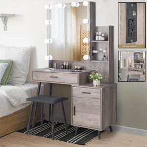 Large Vanity Set with 10 Light Bulbs &Stool Sliding Mirror Dressing Dresser Desk - Picture 1 of 10