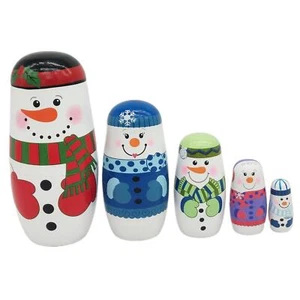5Pcs Snowman Russian Stacking Wooden Nesting Dolls Matryoshka Xmast Gifts - Picture 1 of 9