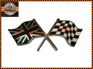 Black / Chrome Chequered Flag / Union Jack Enamel Badge Emblem CLASSIC CAR - Picture 1 of 1