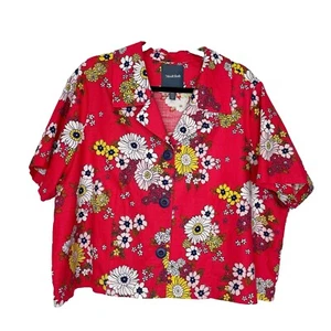 ModCloth Floral Short Sleeve Shirt Jacket Womens 2X Candy Red Retro Button Front - Picture 1 of 7
