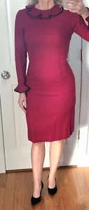 VTG 50s *SMOKIN' HOT *BERRY RED Rockabilly Pin-Up WIGGLE DRESS w/RUFFLE CUFFS XS - Picture 1 of 7