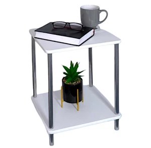 Small 2 Tier White Gloss Finish Side Table with Shelf Bedroom Coffee End Table - Picture 1 of 3