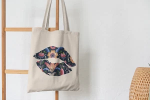 Floral Pattern Lips, Kiss Tote Bag, gift organic cotton shopper bag - Bild 1 von 3
