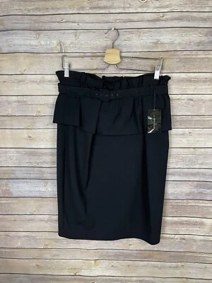 Falda italiana Anna Molinari nueva con etiquetas talla 46 negra con cinturón y volantes lana virgen  Foto 1 de 4