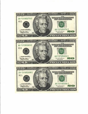 Three $20 Bills Series 1996 Almost Uncirculated In Sequence 73795268, 69 and 70 - Image 1 of 4