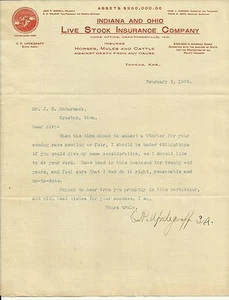 Carta de Colección Papel Efímera SEGURO DE GANADO CO Topeka Kansas 1909 - Imagen 1 de 2