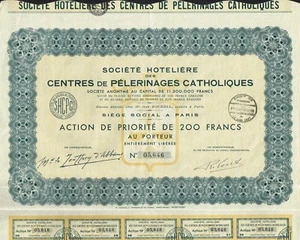 FRANCE CATHOLIC PILGRIMAGE HOTELS SET OF 3 stock certificate/ bond W/COUPONS - Picture 1 of 3