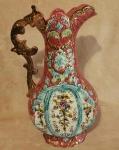 XL Pink Majolica Vase Floral 17" Water Jug/Pitcher/Ewer 763 - Picture 1 of 9