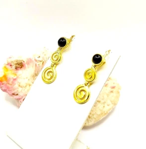 Greek Spiral Sterling Silver 925 Gold Plated Black Onyx Stud Earrings For Women - Picture 1 of 4