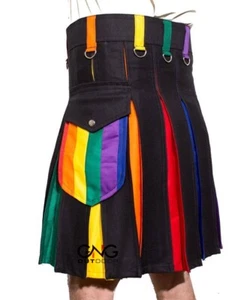 Men's New Rainbow Hybrid Pride Kilt LGBT Gay Kilt Modern Utility Kilt Size 28-62 - Picture 1 of 3