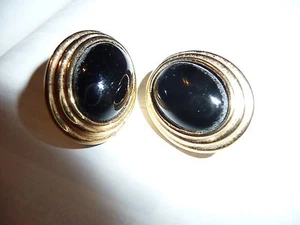 BLACK AND GOLD OVAL PIERCED EARRRINGS - Picture 1 of 3