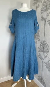 Grizas Blue Washed Linen Blue Textured Dress Small Pockets Lagenlook Easy Wear - Picture 1 of 11