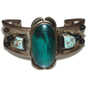 Bracciale Southwest Navajo Argento Sterling Turchese Malachite Richard Begay - Foto 1 di 5