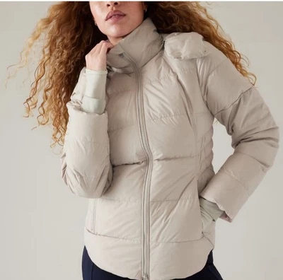 Athleta Downtown Puffer  Jacket Down Abalone Hooded  Medium Petite  NWT $218 - Image 1 of 4