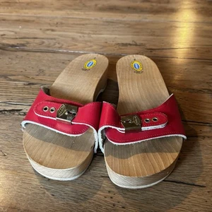 VTG 80s 90s Dr Scholl’s Wooden Heeled Sandals/ Clogs Women’s 9 Red Leather Italy - Picture 1 of 19