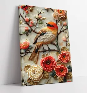 EMBROIDERY BLOSSOM TREE WITH BIRD -FRAMED CANVAS WALL ART PICTURE PRINT - Picture 1 of 2