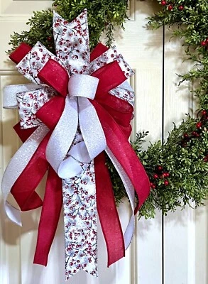 10" Red Berries w silver WIRED ribbon BOW for WREATH SWAG GARLAND # 162  rb - Image 1 of 4