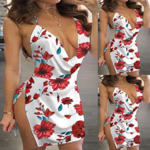 Women V-Neck Floral Bodycon Mini Dress Sexy Ladies Party Clubwear Split Sundress - Picture 1 of 10