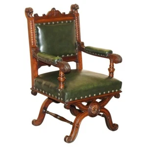 EXQUISITE IMPORTANT ENGLISH CIRCA 1880 HAND CARVED GREEN LEATHER THRONE ARMCHAIR - Picture 1 of 23