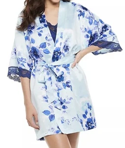 Blue Floral Matte Satin Kimono Wrap Robe w/ Lace Trim - M Medium - Apt 9 - New  - Picture 1 of 3
