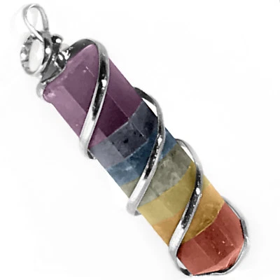 Rainbow Chakra Crystal Wire Wrap Silver Spiral Pendant Handmade Necklace CHARGED - Image 1 of 4