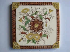 ANTIQUE VICTORIAN 6" sq. MALKIN EDGE PRINT & TINT FLORAL (VOLVUS) TILE - Picture 1 of 2