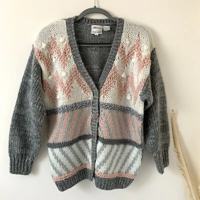 复古手工针织毛衣开衫卡哇伊粉色白色灰色仙女 Kei 80 年代中号 — 第 1/4 张图片