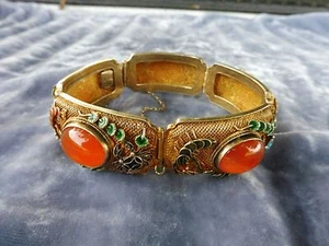 ANTIQUE CHINESE GOLD GILT SILVER CARNELIAN BRACELET HALLMARKED - Picture 1 of 6