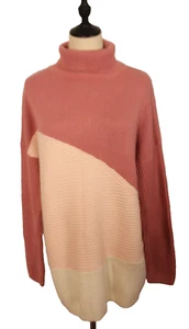 French Connection Size L Rose Pink Cream Ribbed Knit Roll Neck Wool Cot Jumper - Picture 1 of 9