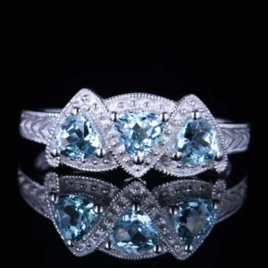 3-Stone Blue Topaz 4x4mm Trillion Engagement Wedding Ring Solid 14K White Gold - Picture 1 of 8