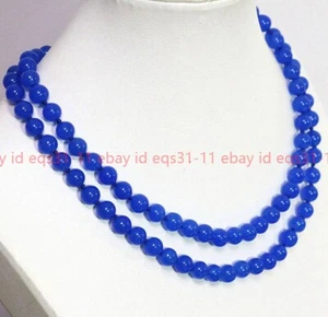 2 Rows 6/8/10/12mm Round Blue Jade Natural Gemstone Beads Necklace 18-19'' - Picture 1 of 12