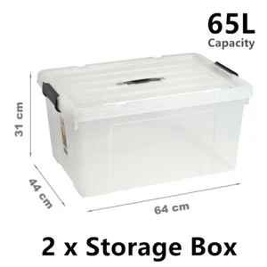 2x XL Clip Lock Storage Box Organiser 65L Plastic Container Bin Tub Crate Large - Picture 1 of 4