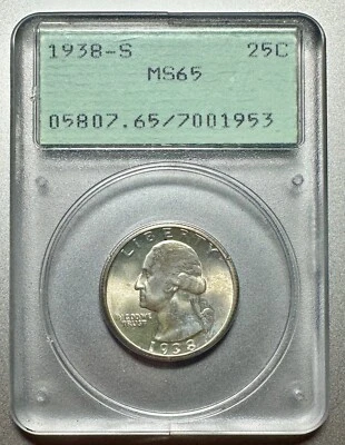 1938-S WASHINGTON QUARTER PCGS MS65 PORTA-CHOCALHO DATA MELHOR - Imagem 1 de 4