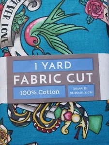 Cotton Fabric Forever Love Tattoo Sailor Rose Skull Swallow 1 YD Ed Hardy Style - Picture 1 of 2