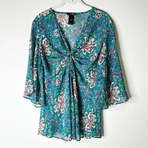 BISOU BISOU Top Damen M türkis blau Blumen transparent fließend Babydoll V-Ausschnitt Bluse neu ohne Etikett - Bild 1 von 7