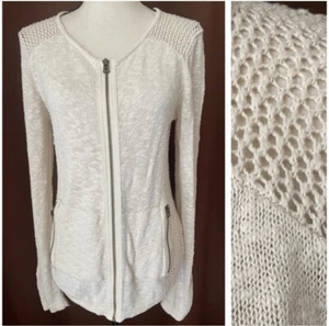 Lucky brand linen/cotton crochet boho knit zipper front cardigan pockets S/M - Picture 1 of 11