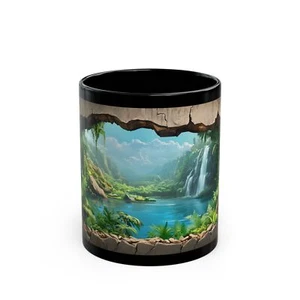 Nature Mug, Hidden Waterfall and Lake Scene Black Mug (11oz, 15oz) - Picture 1 of 9
