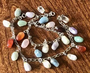 2 Vintage Charm Bracelets Agate Stone Dangles Silver Tone Chains - Picture 1 of 5