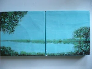 MYSTERY ARTIST, MODERN MODERNIST BABY BLUE MINIMAL LANDSCAPE LAKE RIVER VINTAGE - Picture 1 of 17