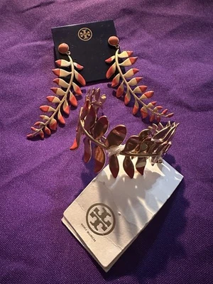 Tory Burch Gold Fern Leaf Pink Enamel Cuff and Drop Earrings - Image 1 of 4