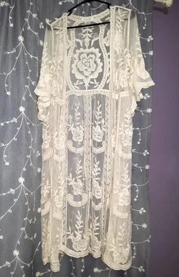 Cárdigan abierto kimono de encaje transparente beige crema blanco roto suéter plumero talla única Foto 1 de 4