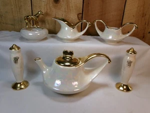 Tetera iridiscente vintage moderna China Co oro 22kt, azucarero, crema, S&P - Imagen 1 de 7