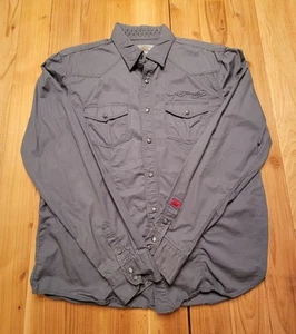 Ed Hardy Mens Gray Studded Skull Tattoo Long Sleeve Button Up Shirt Size L - Picture 1 of 12