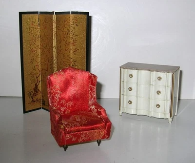 Vintage Ideal Petite Princess Dollhouse Wing Chair, Dresser, Folding Screen - Image 1 of 4